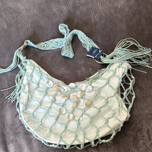 Purse Boho Cream Macramé Net Shoulder Bag with Shell Accents 17x9” Beach